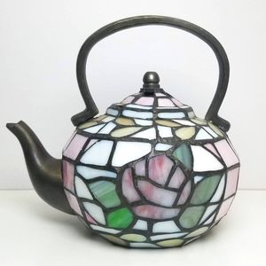 Stained Glass Teapot Lamp Tiffany Style Shade Rose Accent Tabletop Kettle